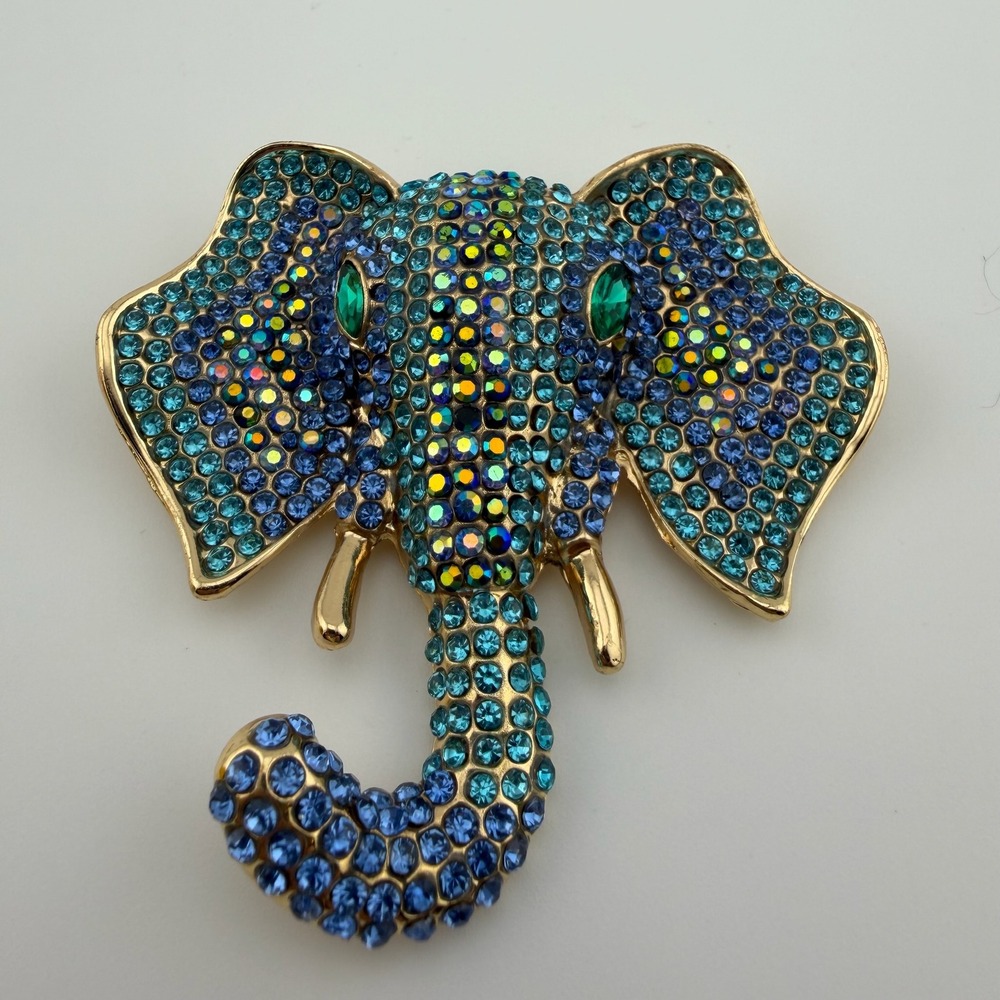 Large Blue Gold Tone Elephant Rhinestone Statement Pin Brooch